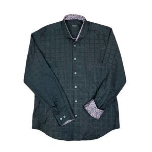 BOGOSSE Rare Embellished Black Button Down Contrast Print Cuff Shirt Size XL
